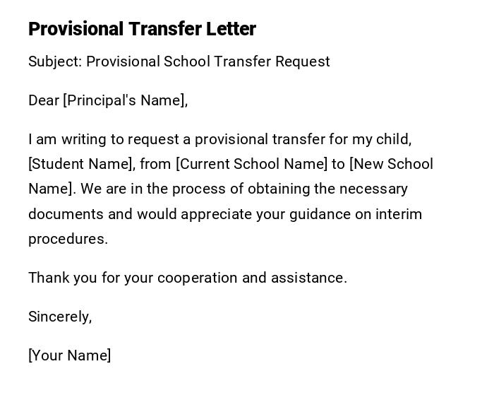 Provisional Transfer Letter