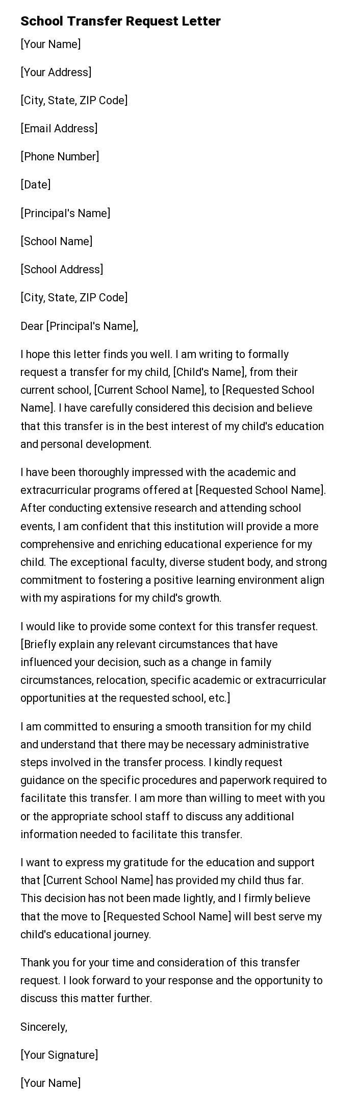 School Transfer Request Letter