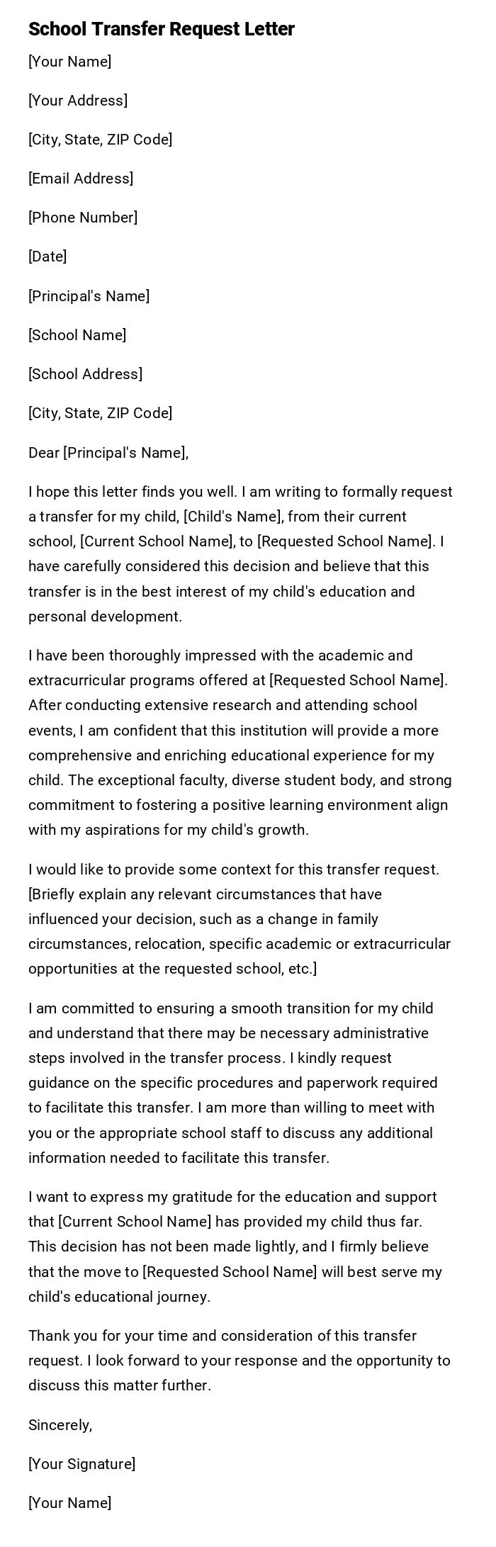 School Transfer Request Letter School Transfer Request Letter