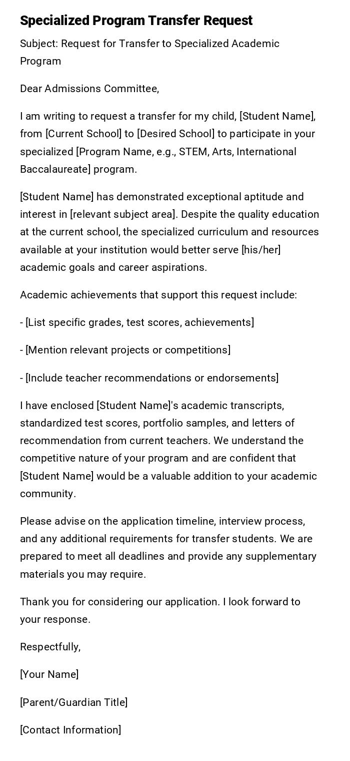 Specialized Program Transfer Request Specialized Program Transfer Request