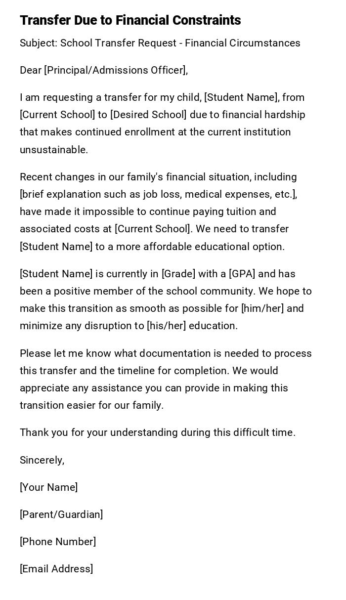 Transfer Due to Financial Constraints Transfer Due to Financial Constraints