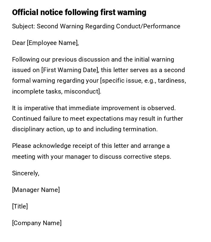 Official notice following first warning