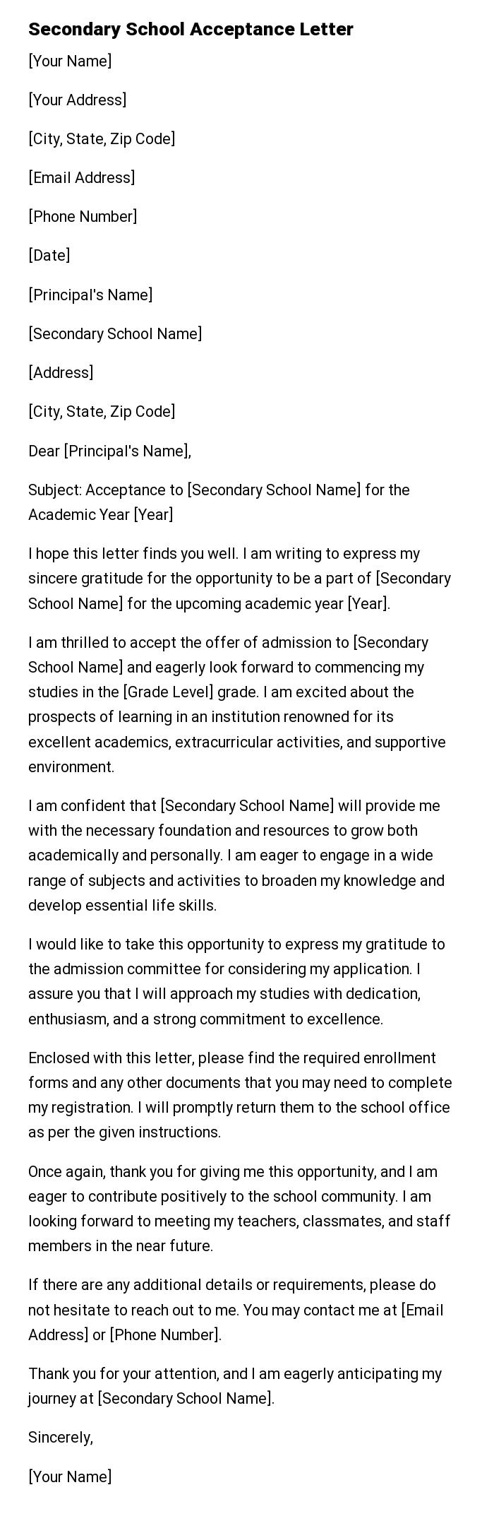 Secondary School Acceptance Letter