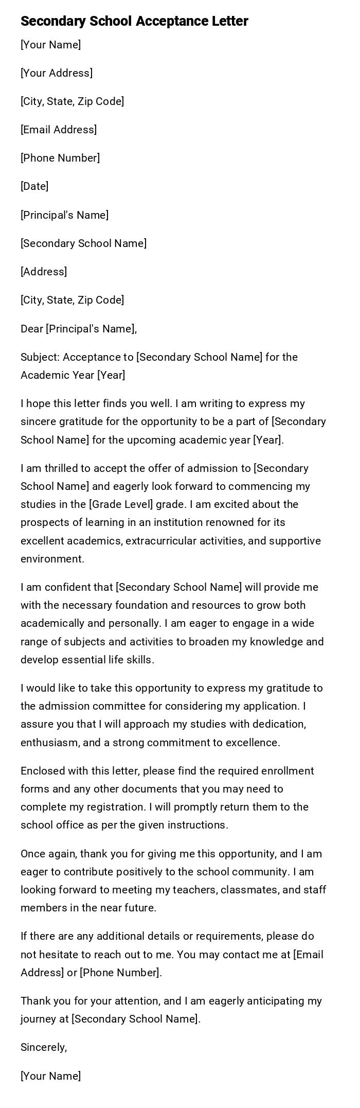 Secondary School Acceptance Letter