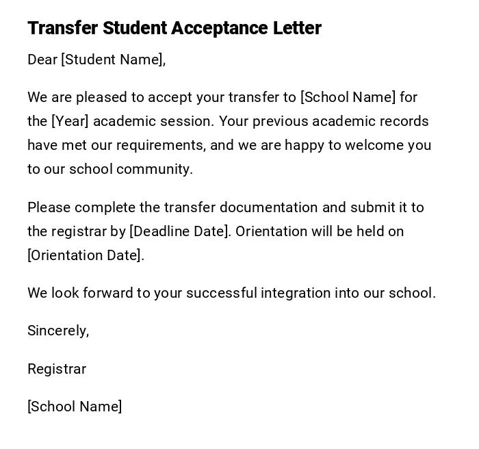 Transfer Student Acceptance Letter Transfer Student Acceptance Letter