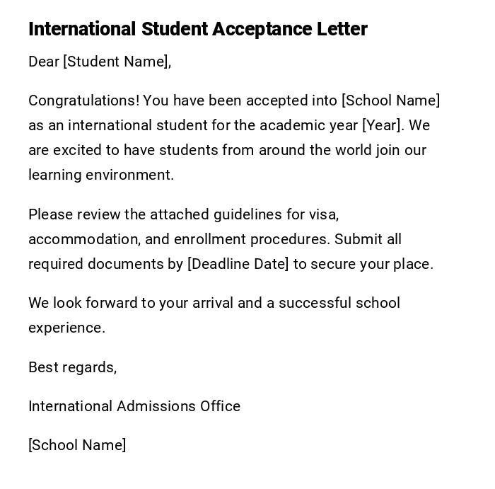 International Student Acceptance Letter International Student Acceptance Letter