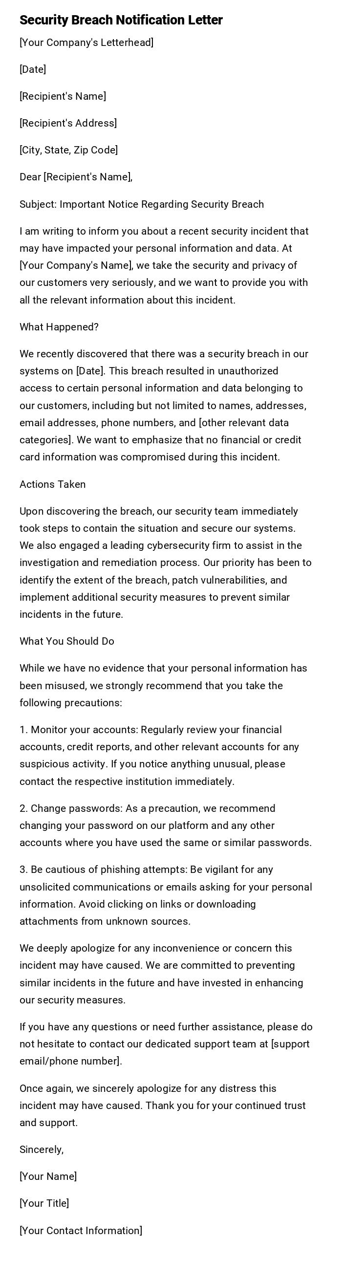 Security Breach Notification Letter