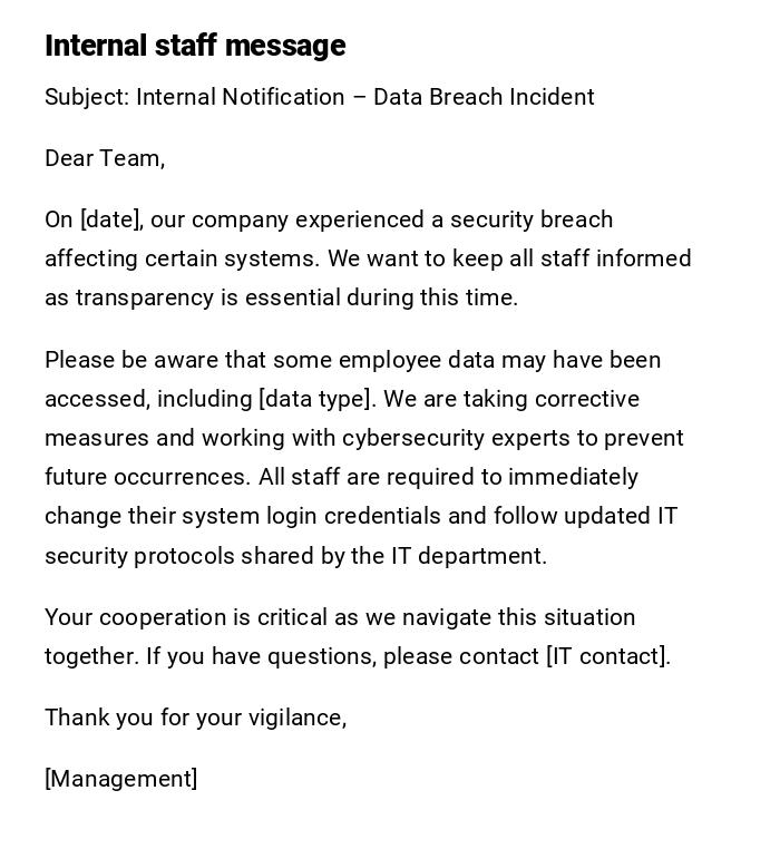 Internal staff message Internal staff message