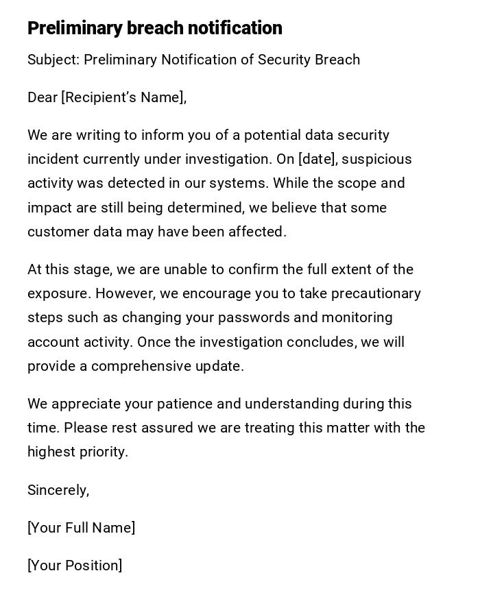 Preliminary breach notification Preliminary breach notification