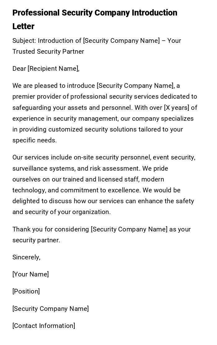Professional Security Company Introduction Letter Professional Security Company Introduction Letter