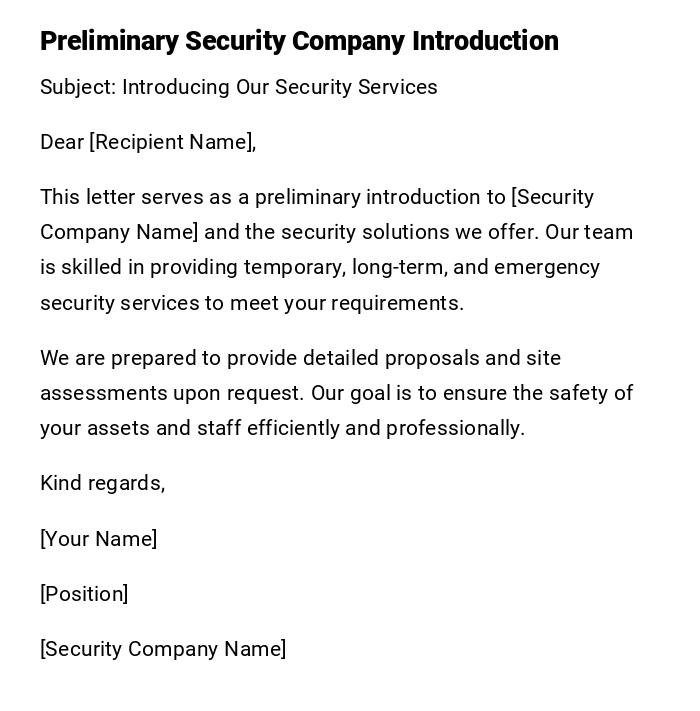 Preliminary Security Company Introduction Preliminary Security Company Introduction