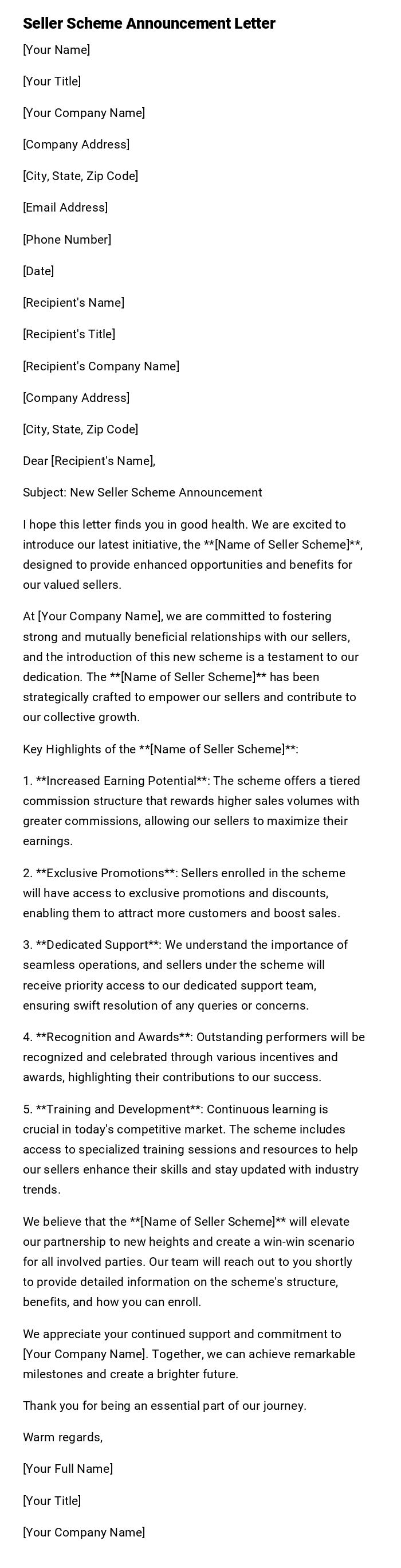 Seller Scheme Announcement Letter