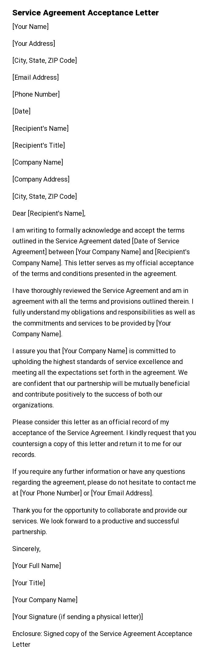 Service Agreement Acceptance Letter