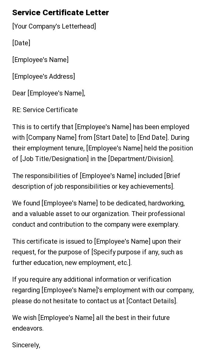 Service Certificate Letter