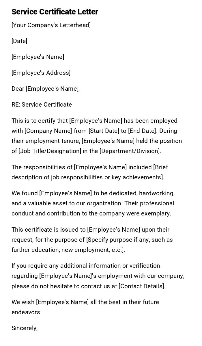 Service Certificate Letter