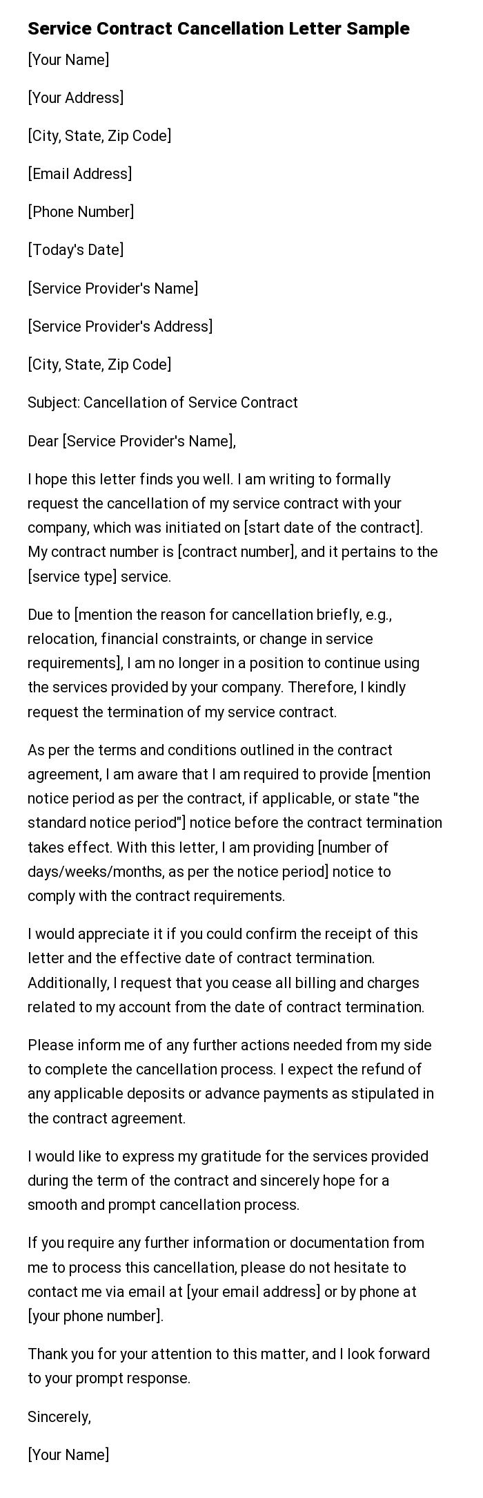 Service Contract Cancellation Letter Sample