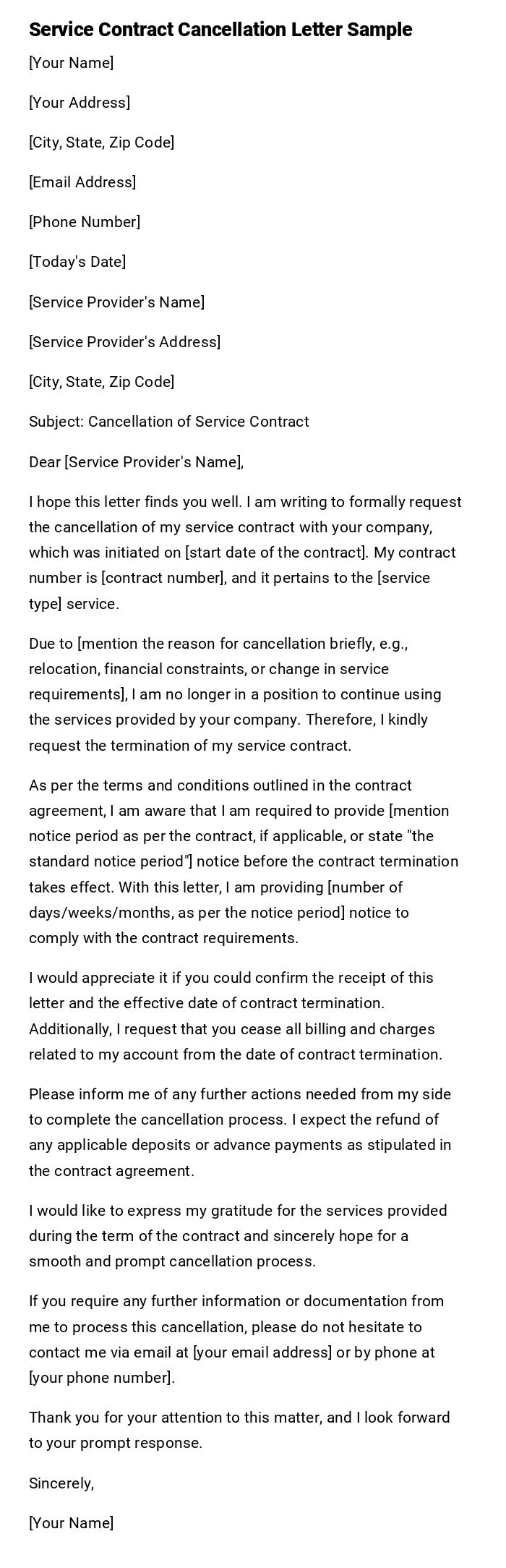 Service Contract Cancellation Letter Sample