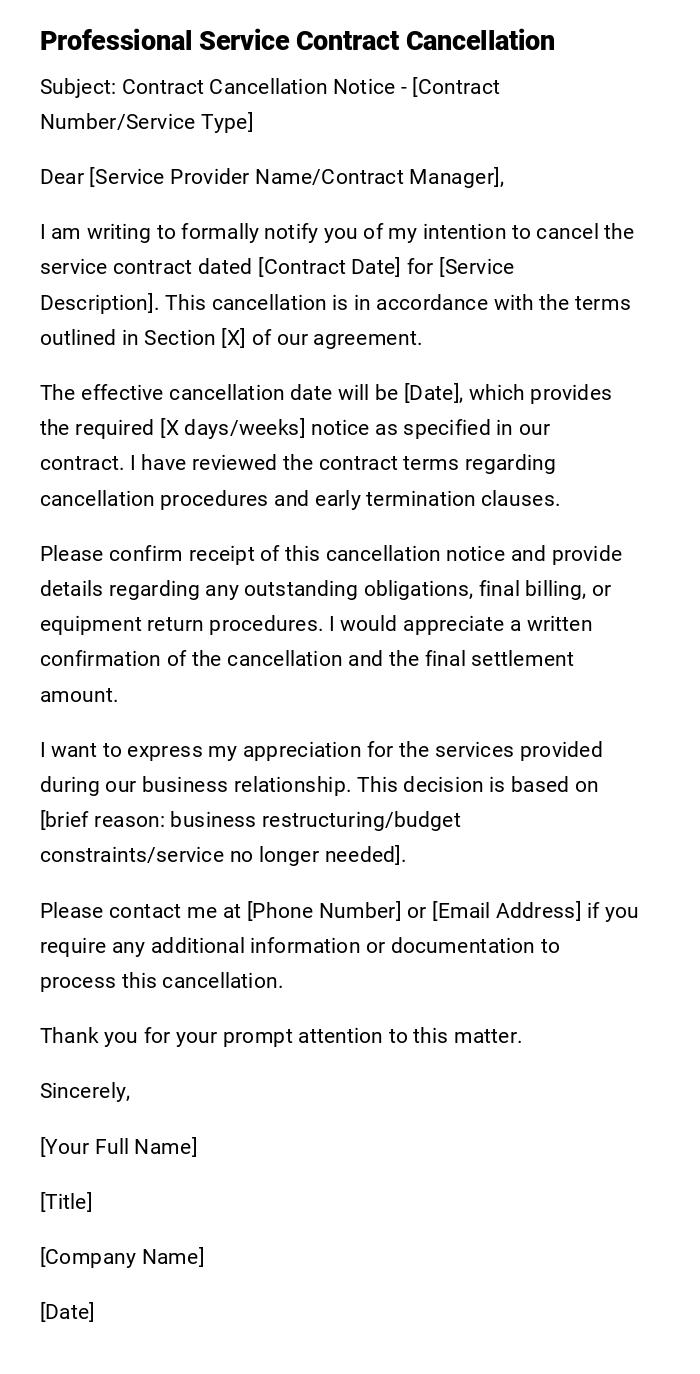 Professional Service Contract Cancellation Professional Service Contract Cancellation
