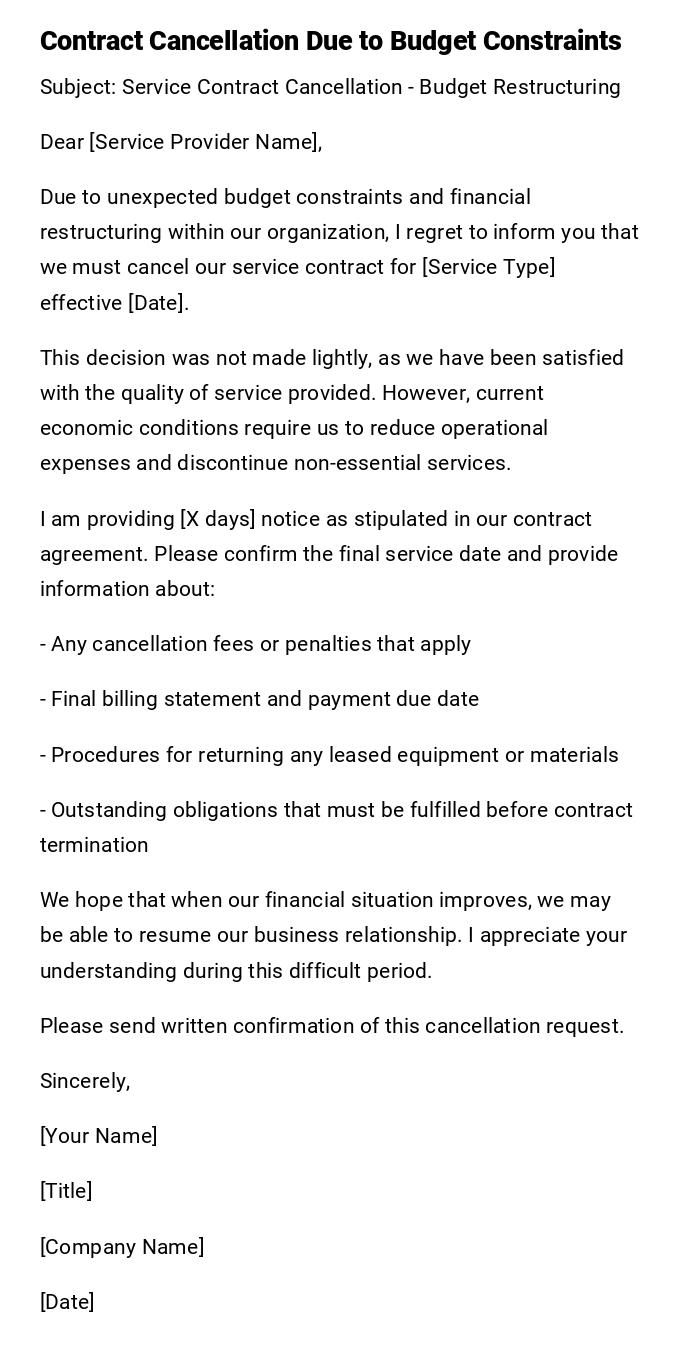 Contract Cancellation Due to Budget Constraints Contract Cancellation Due to Budget Constraints