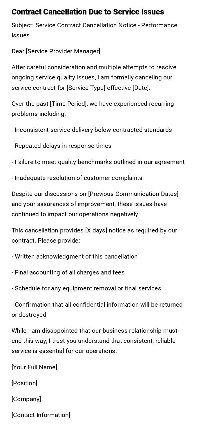 Contract Cancellation Due to Service Issues Contract Cancellation Due to Service Issues