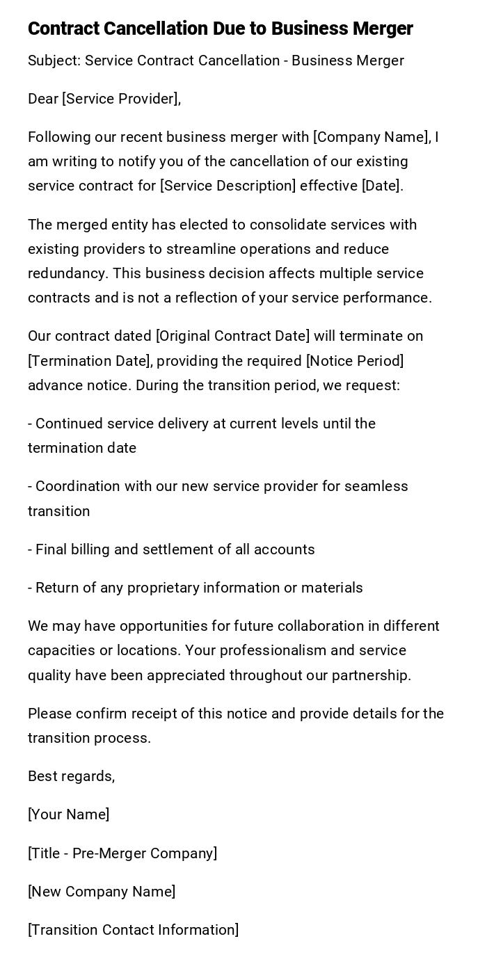 Contract Cancellation Due to Business Merger Contract Cancellation Due to Business Merger