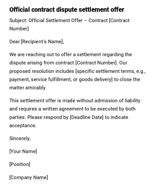 Official contract dispute settlement offer Official contract dispute settlement offer