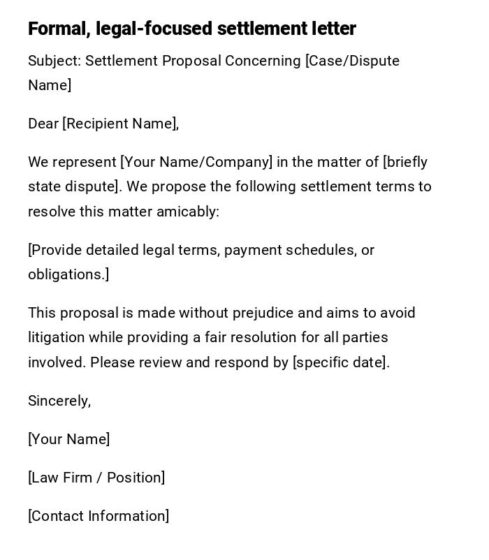 Formal, legal-focused settlement letter Formal, legal-focused settlement letter