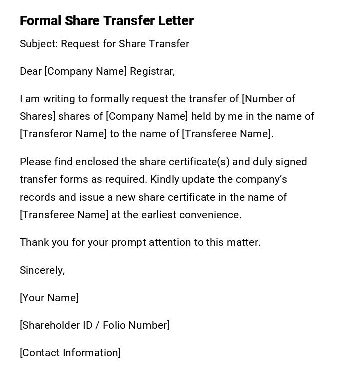 Formal Share Transfer Letter Formal Share Transfer Letter