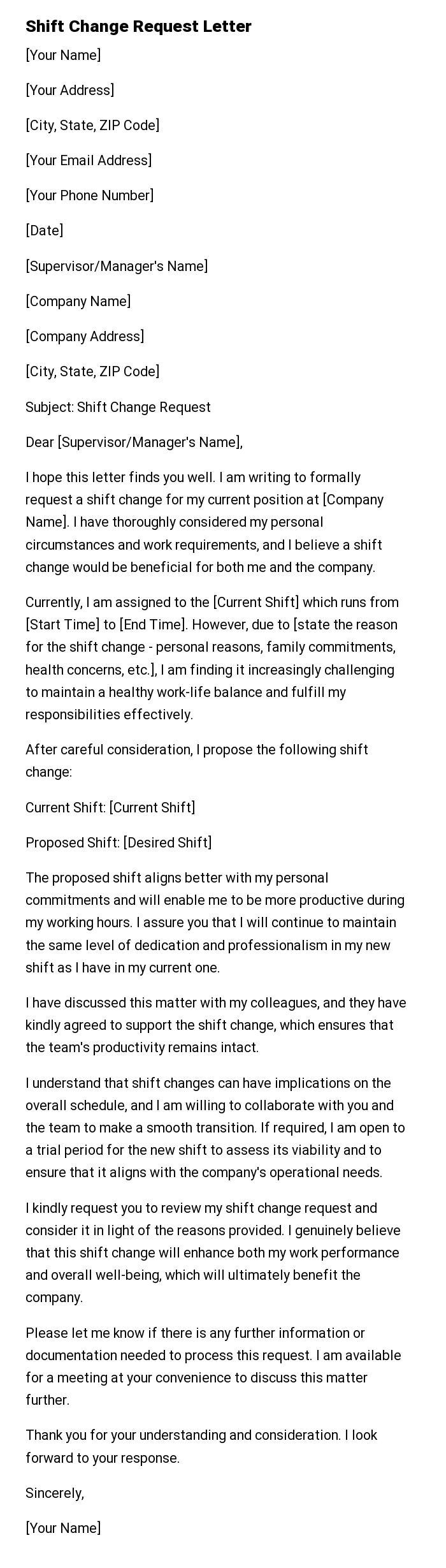 Shift Change Request Letter