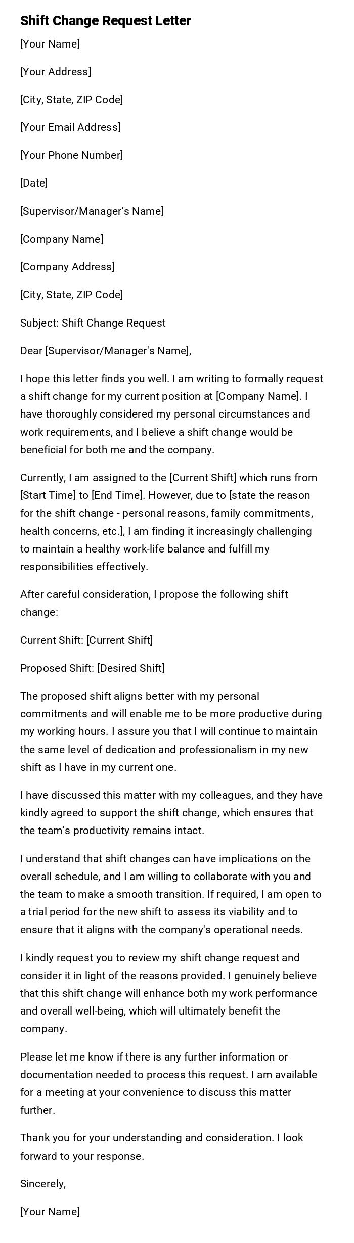 Shift Change Request Letter