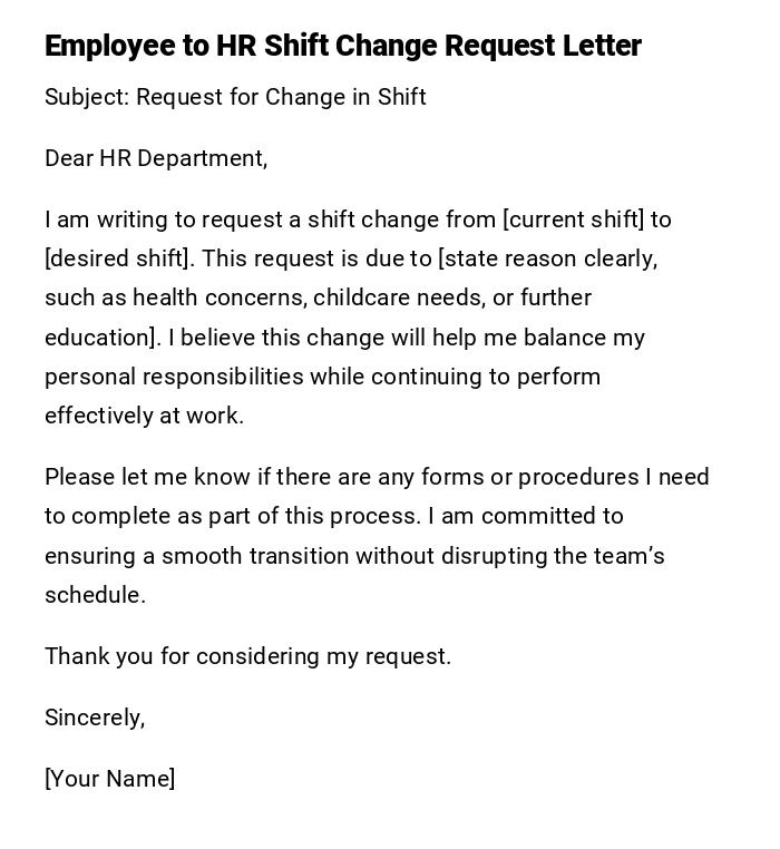 Employee to HR Shift Change Request Letter Employee to HR Shift Change Request Letter