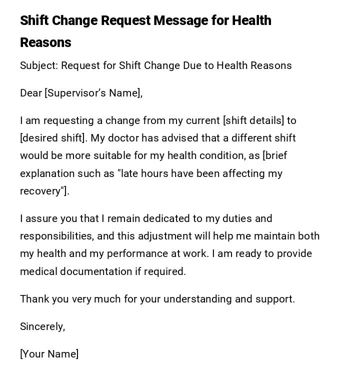 Shift Change Request Message for Health Reasons Shift Change Request Message for Health Reasons