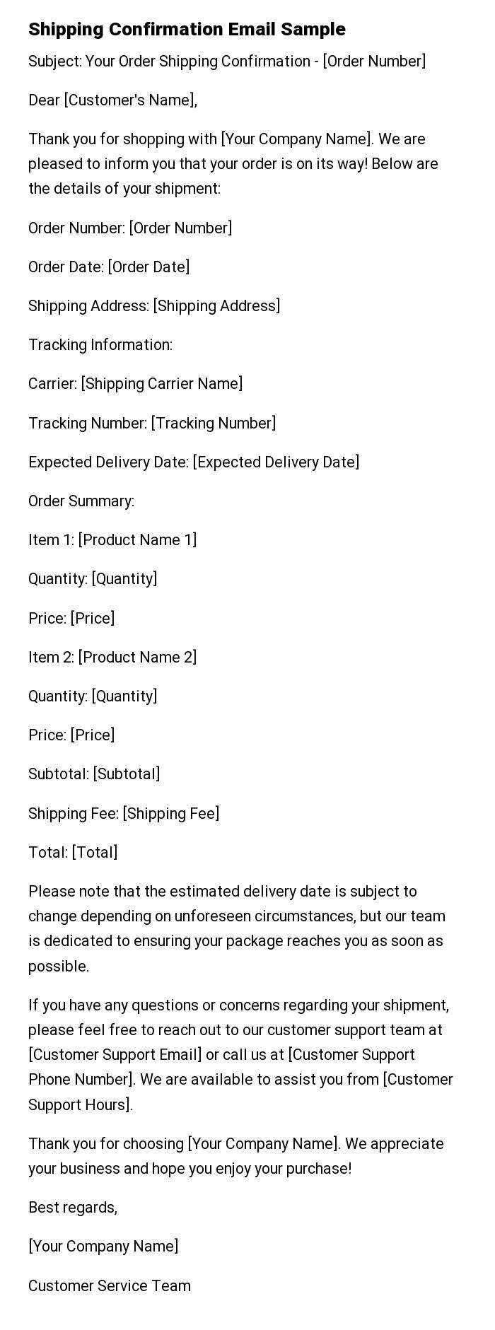 Shipping Confirmation Email Sample