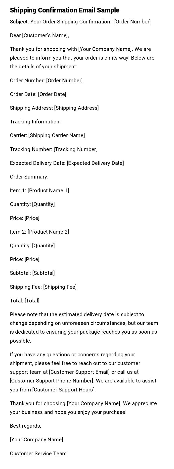 Shipping Confirmation Email Sample