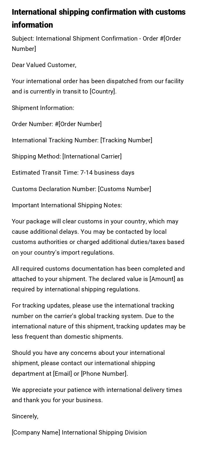 International shipping confirmation with customs information International shipping confirmation with customs information