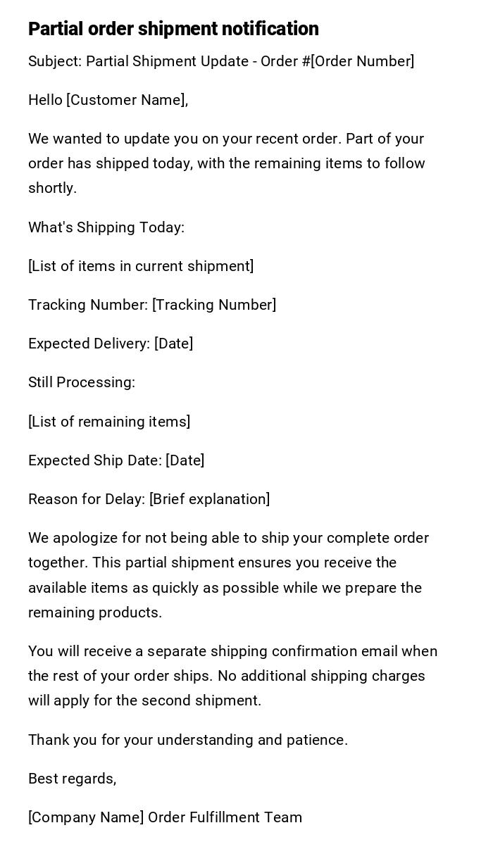 Partial order shipment notification Partial order shipment notification