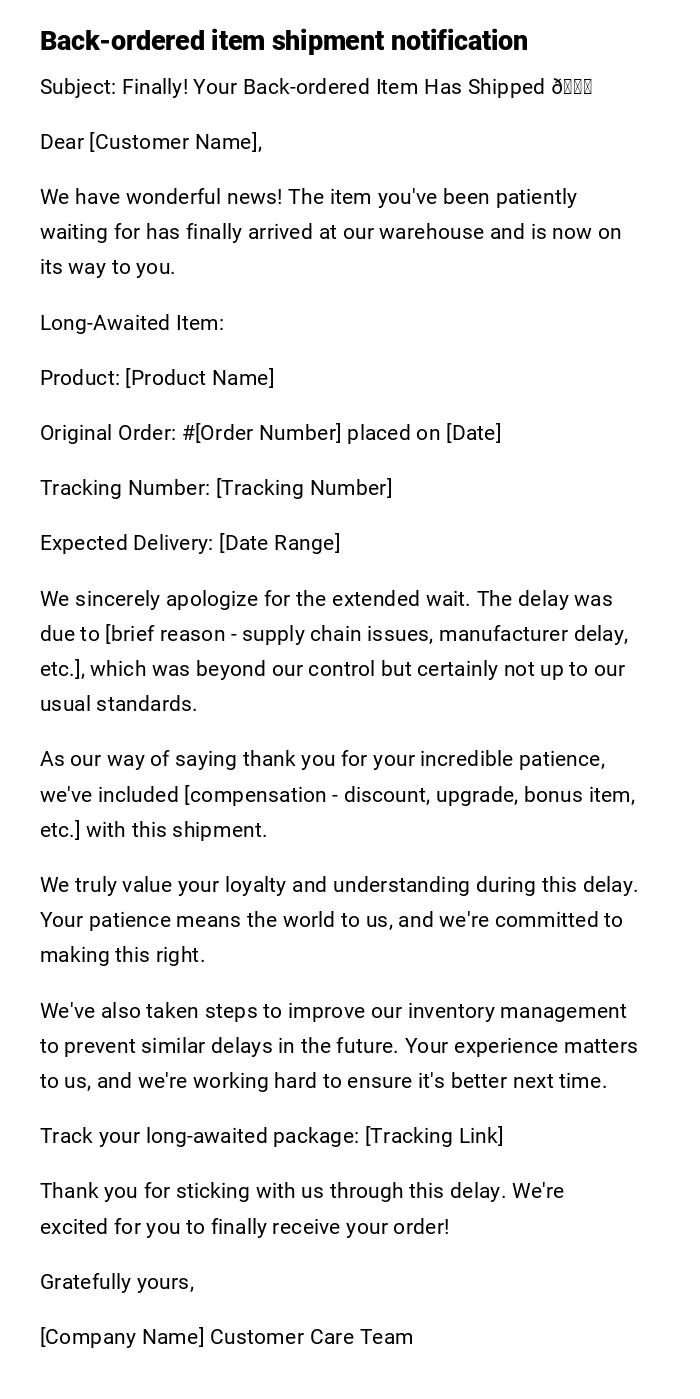 Back-ordered item shipment notification Back-ordered item shipment notification