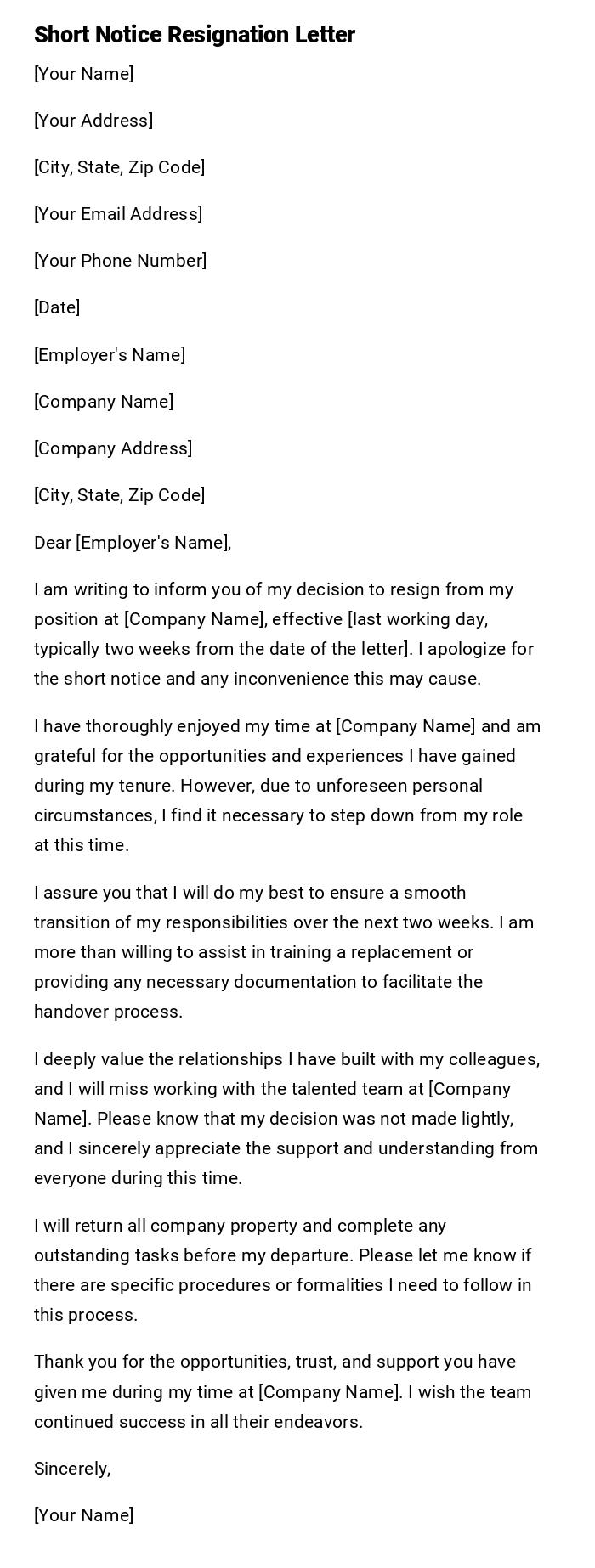 Short Notice Resignation Letter