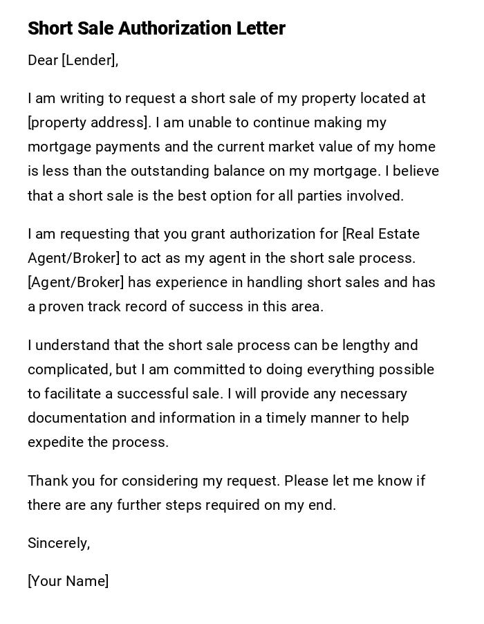 Short Sale Authorization Letter Short Sale Authorization Letter