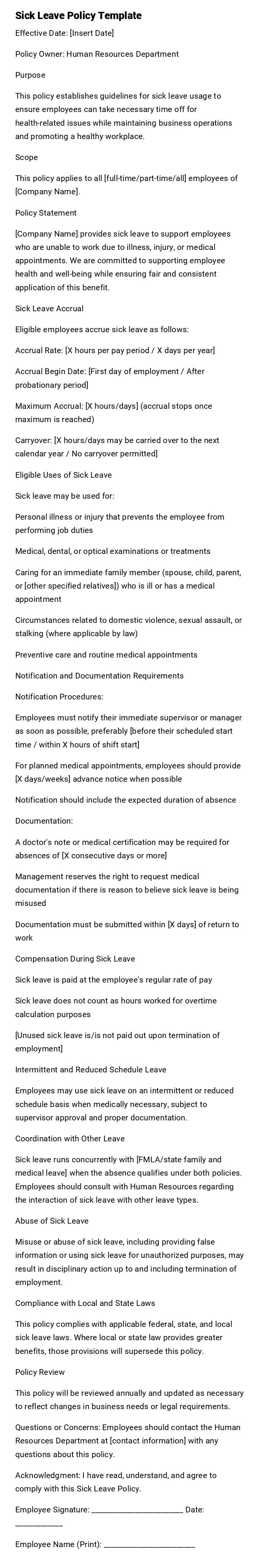 Sick Leave Policy Template Sick Leave Policy Template
