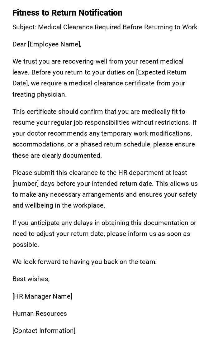 Fitness to Return Notification Fitness to Return Notification