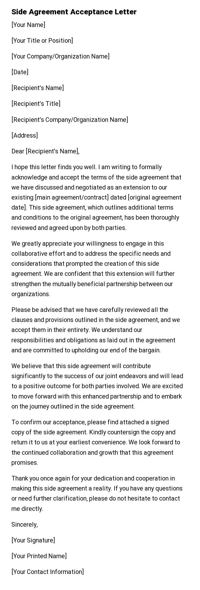Side Agreement Acceptance Letter