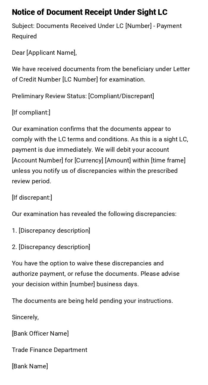 Notice of Document Receipt Under Sight LC Notice of Document Receipt Under Sight LC