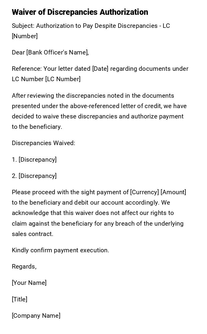 Waiver of Discrepancies Authorization Waiver of Discrepancies Authorization