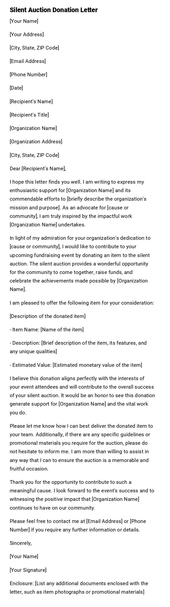 Silent Auction Donation Letter