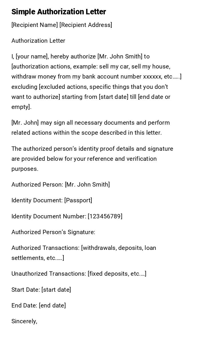 Simple Authorization Letter Simple Authorization Letter