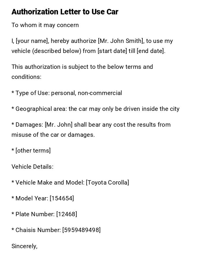 Authorization Letter to Use Car Authorization Letter to Use Car