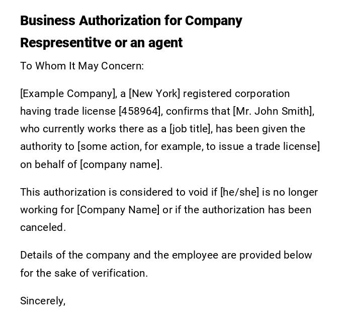 Business Authorization for Company Respresentitve or an agent Business Authorization for Company Respresentitve or an agent