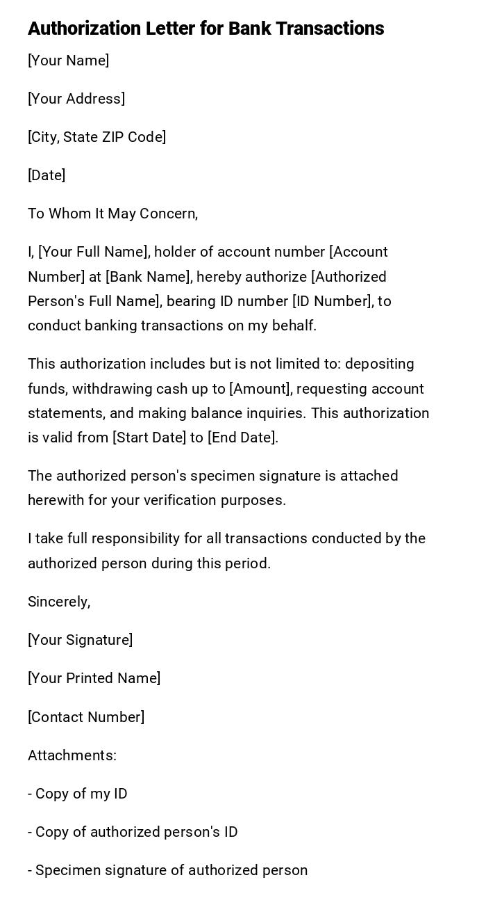 Authorization Letter for Bank Transactions Authorization Letter for Bank Transactions