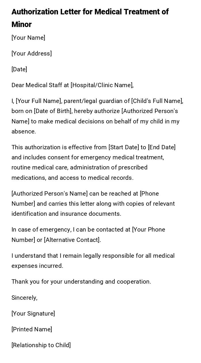 Authorization Letter for Medical Treatment of Minor Authorization Letter for Medical Treatment of Minor